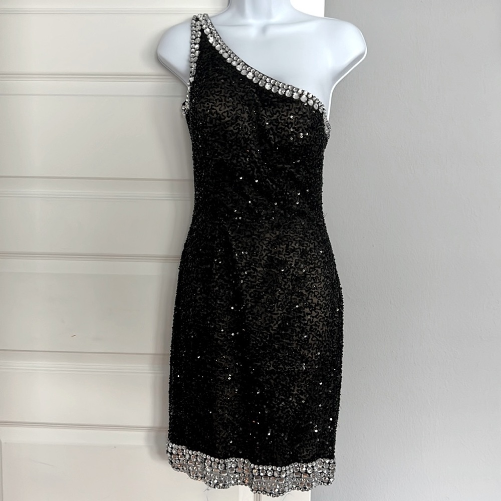 Scala Black Sequin One Shoulder Rhinestone Trim Mini Dress Gown 0